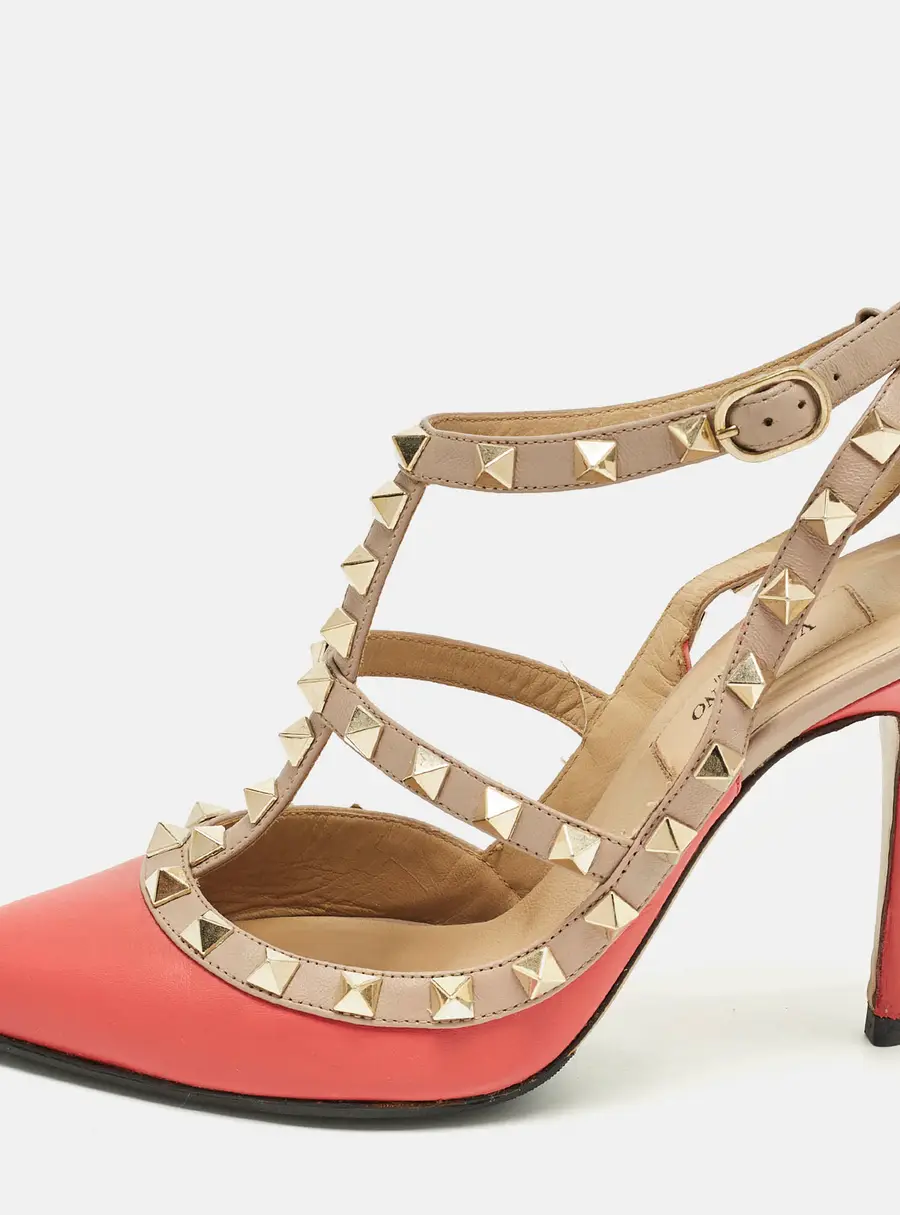 Valentino Rockstud Size 36 Red/Beige Leather Caged Ankle Strap Pumps