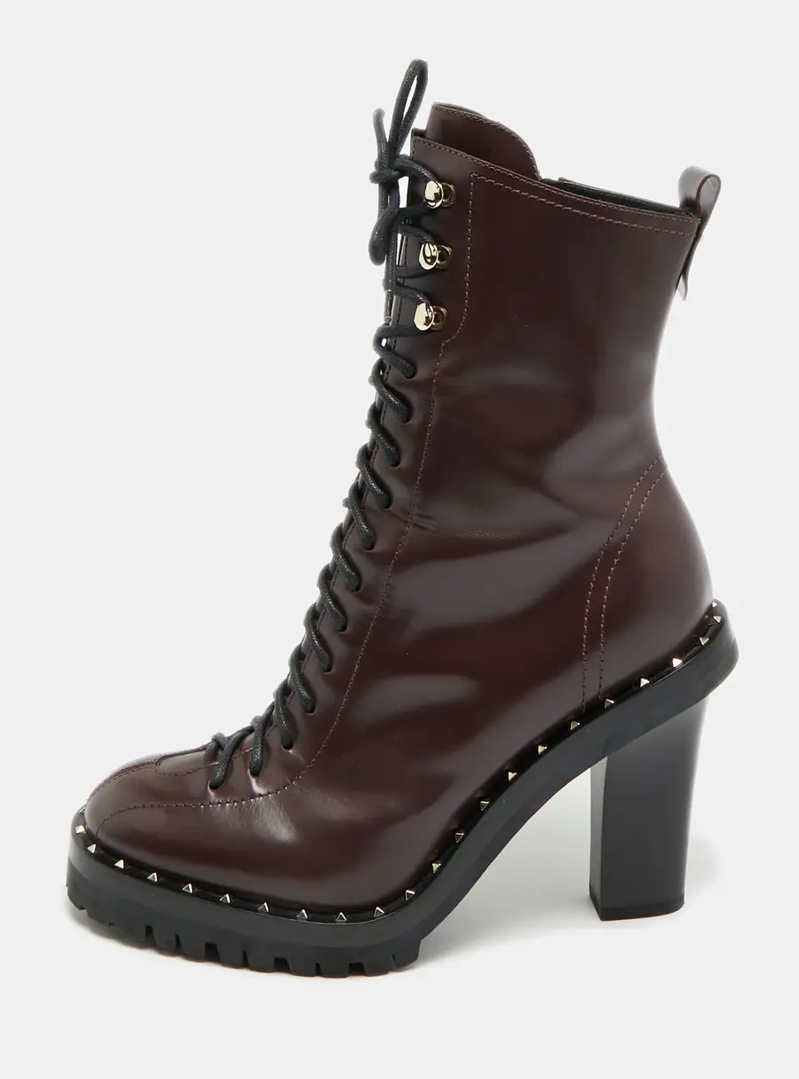 Valentino Rockrunner Size 39.5 Burgundy Leather Ankle Length Boots