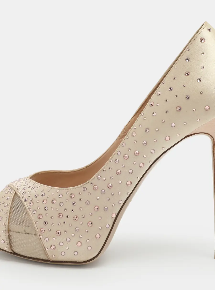 Valentino Beige Crystal Embellished Satin/Mesh Criss Cross Platform Pumps Size 38