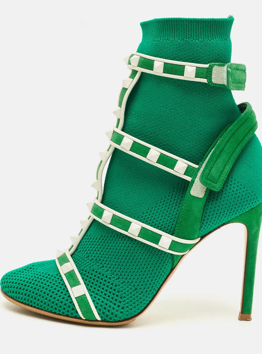 Valentino Rockstud Bodytech Size 35 Green/White Knit Fabric and Suede Ankle Length Boots