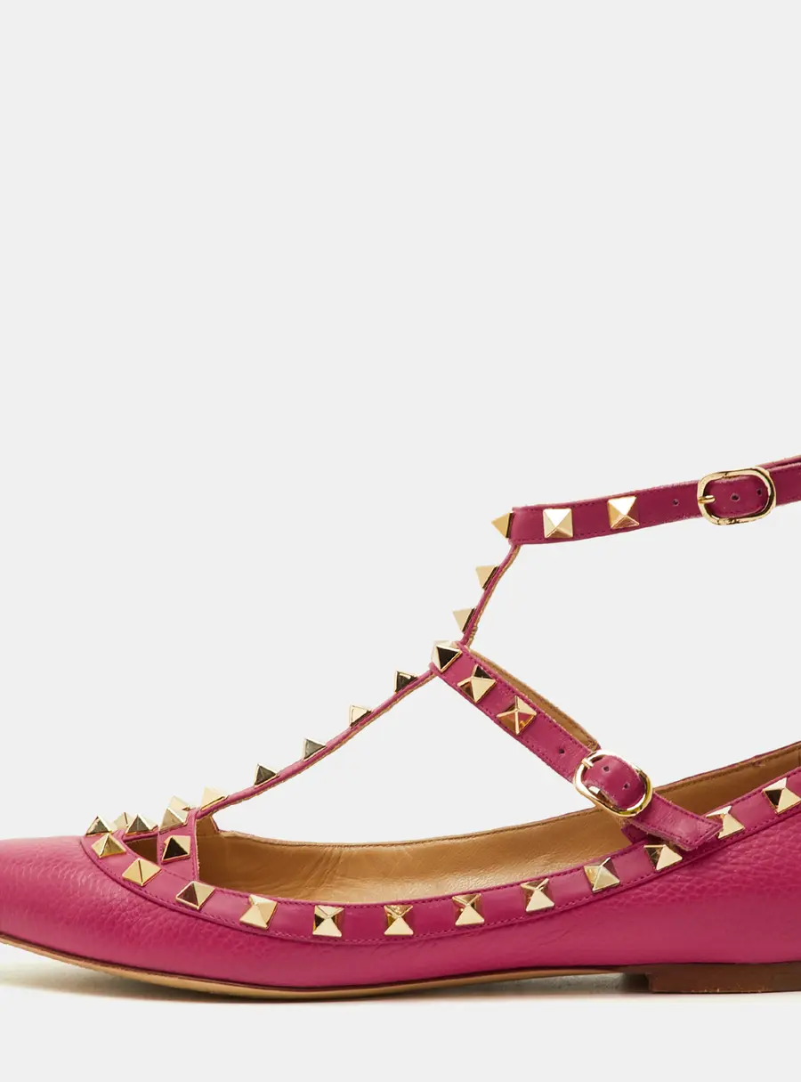 Valentino Rockstud Size 39 Pink Leather Ankle Strap Ballet Flats