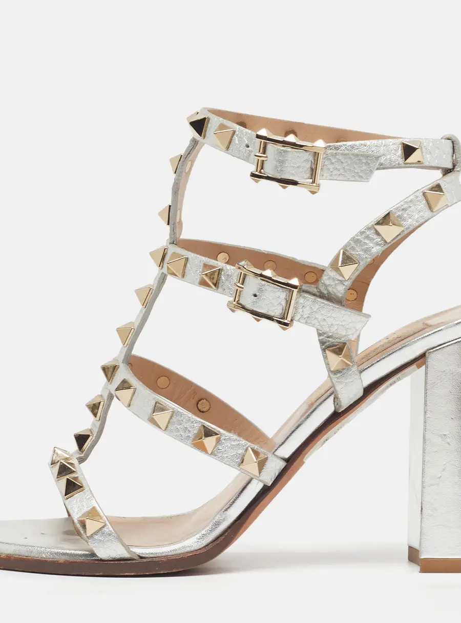 Valentino VLogo Size 36 Silver Leather Ankle Strap Sandals