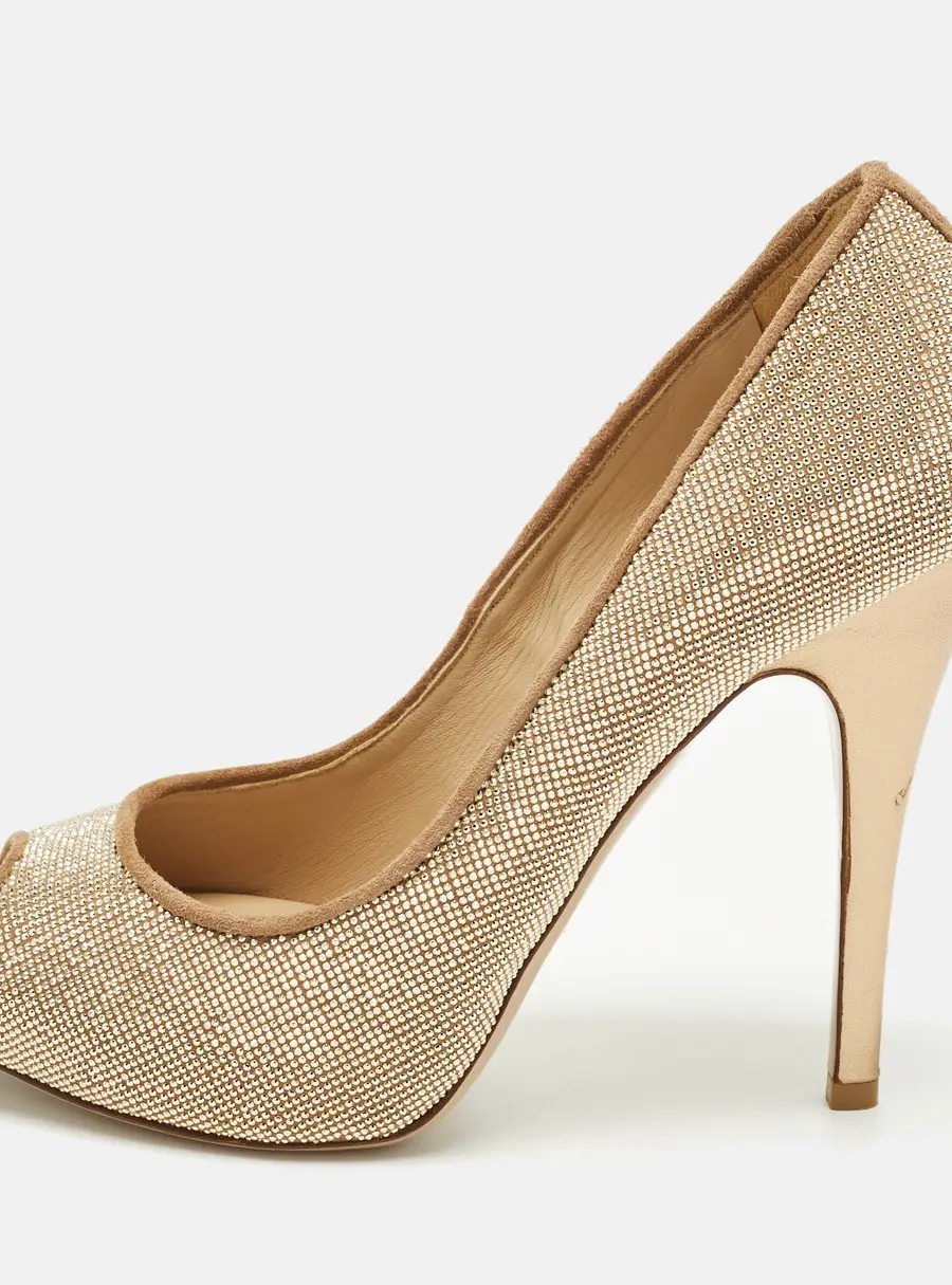 Valentino Size 37.5 Beige/Gold Suede Peep Toe Pumps
