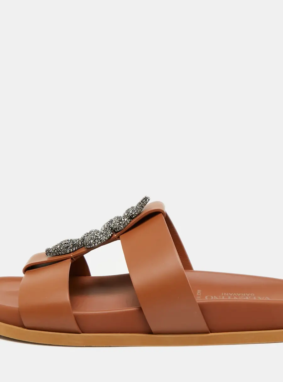 Valentino Size 38 Brown Leather Snake Crystal Embellished Flat Slides