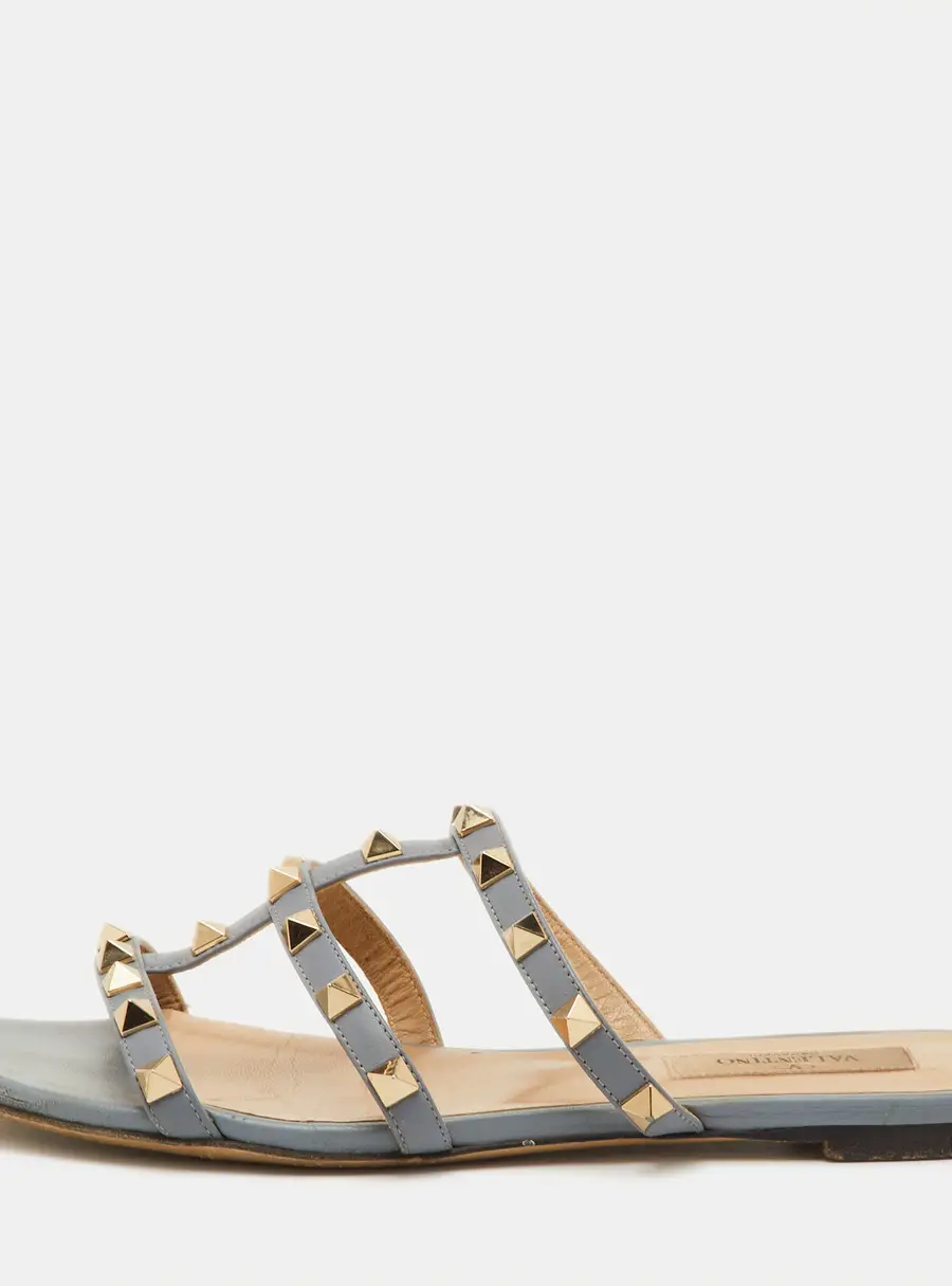 Valentino Rockstud Size 37 Blue Leather Flat Slide Sandals