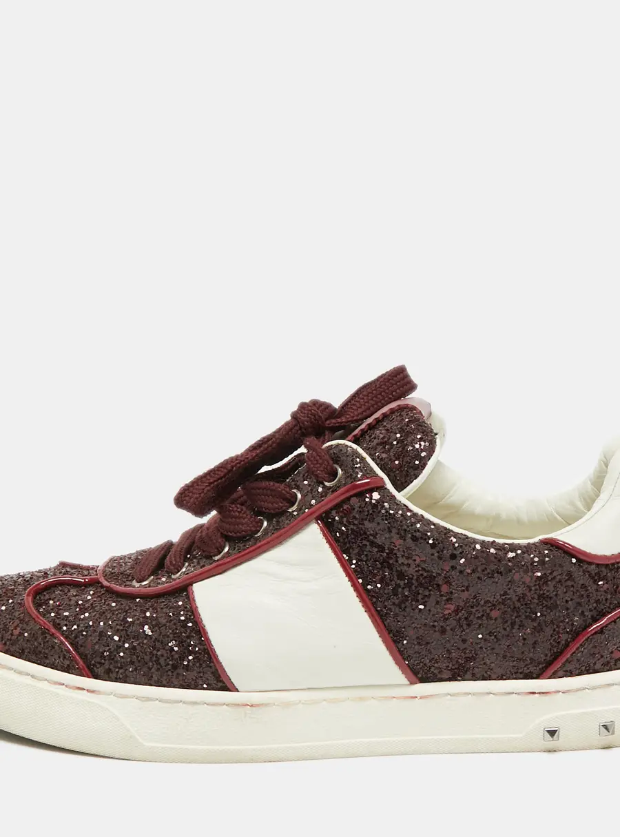 Valentino Fly Crew Size 38 Burgundy/White Glitter and Leather Lace Up Sneakers