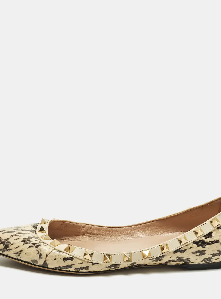 Valentino Rockstud Size 38 Cream/Black Leather and Water Snakeskin Ballet Flats