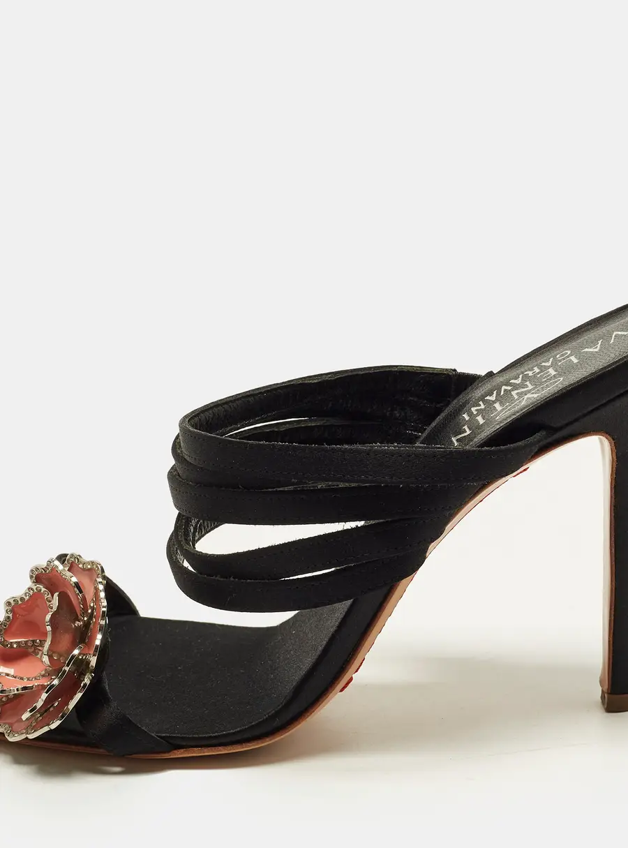 Valentino Size 38 Black Satin Flower Embellished Ankle Strap Sandals