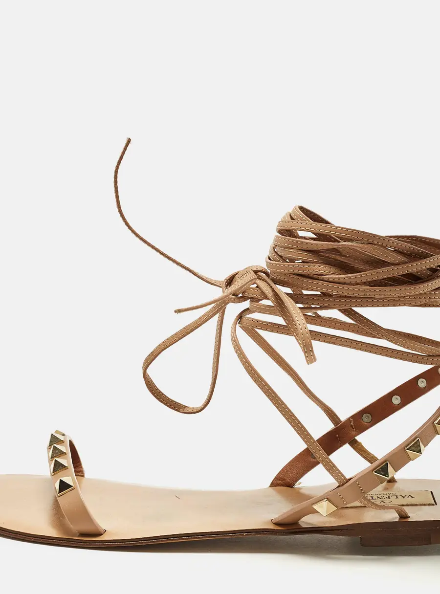 Valentino Rockstud Size 37.5 Brown Leather Ankle Tie Flat Sandals