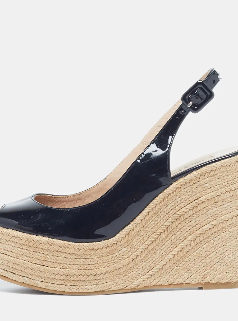 Valentino Size 40 Black Patent Leather Espadrille Wedge Sandals