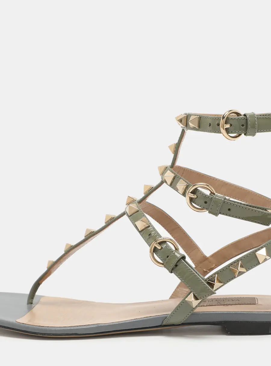 Valentino Rockstud Size 36 Green Patent Leather Strappy Flat Sandals