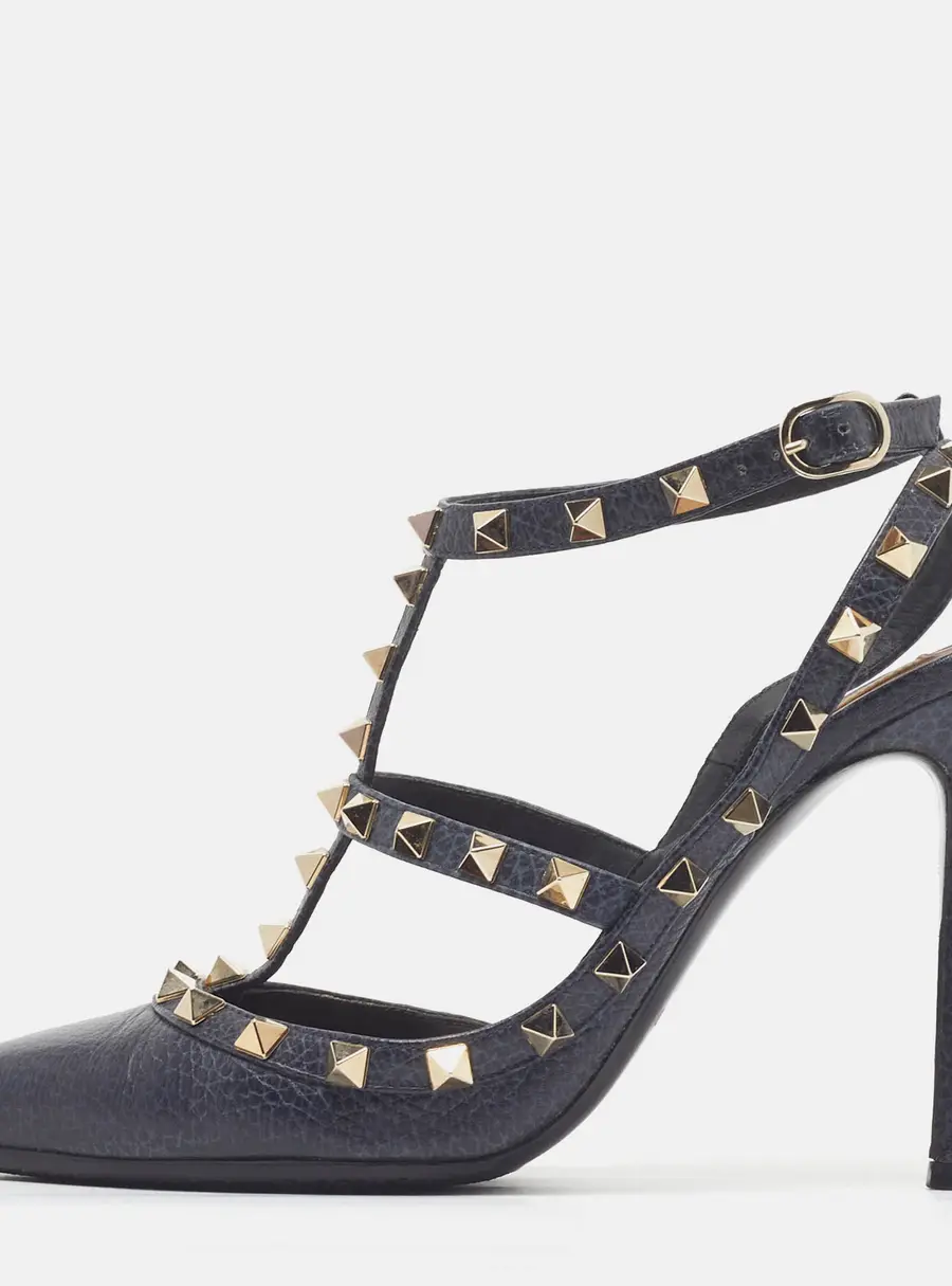 Valentino Rockstud Caged Size 39 Navy Blue Leather Ankle Strap Pumps