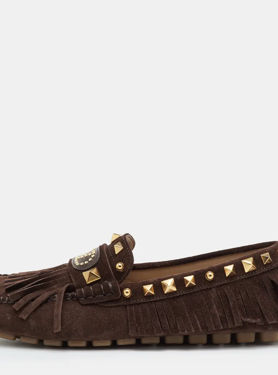 Valentino Rockstud VLogo Size 38 Brown Suede Fringe Slip On Loafers