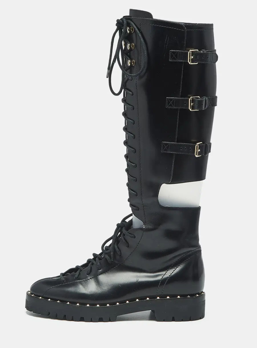 Valentino Soul Rockstud Size 38 Black Leather Knee Length Boots