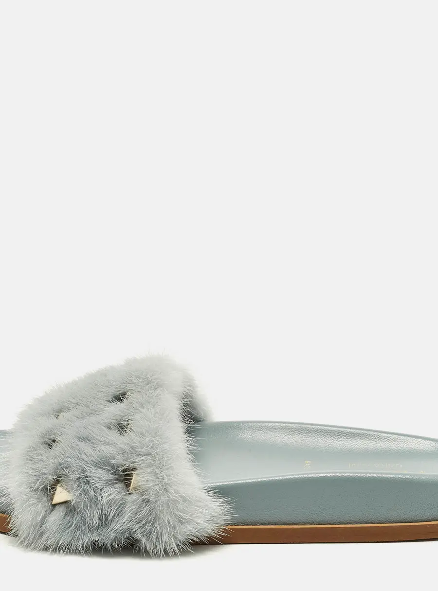 Valentino Rockstud Size 36.5 Light Blue Mink Fur Flat Slide