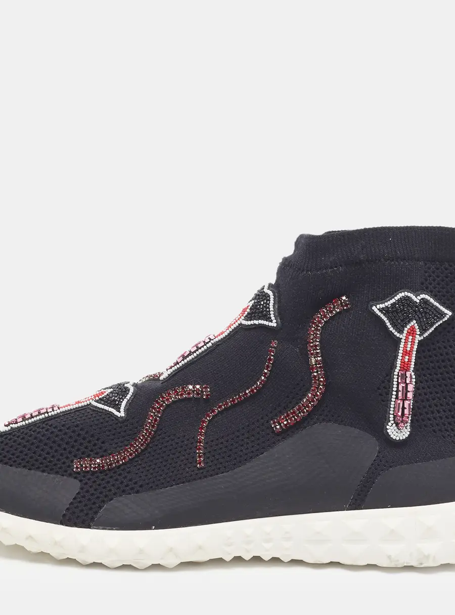 Valentino Size 38.5 Black/Pink Knit Fabric High Top Sneakers