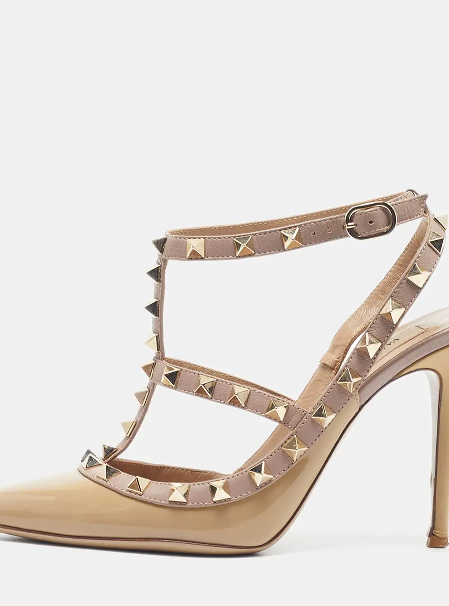 Valentino Rockstud Caged Size 37.5 Beige Leather and Patent Leather Pumps