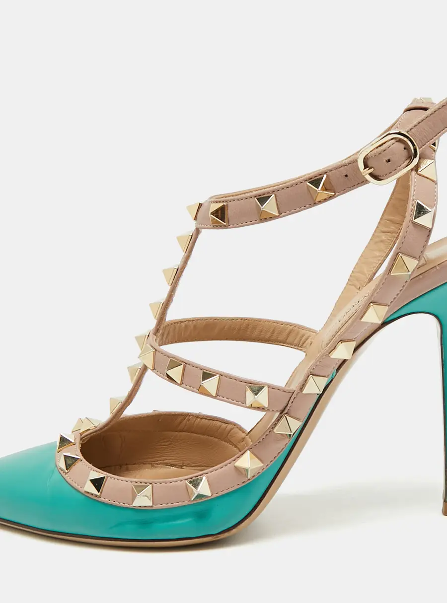 Valentino Rockstud Size 39 Beige/Green Patent and  Leather Pumps