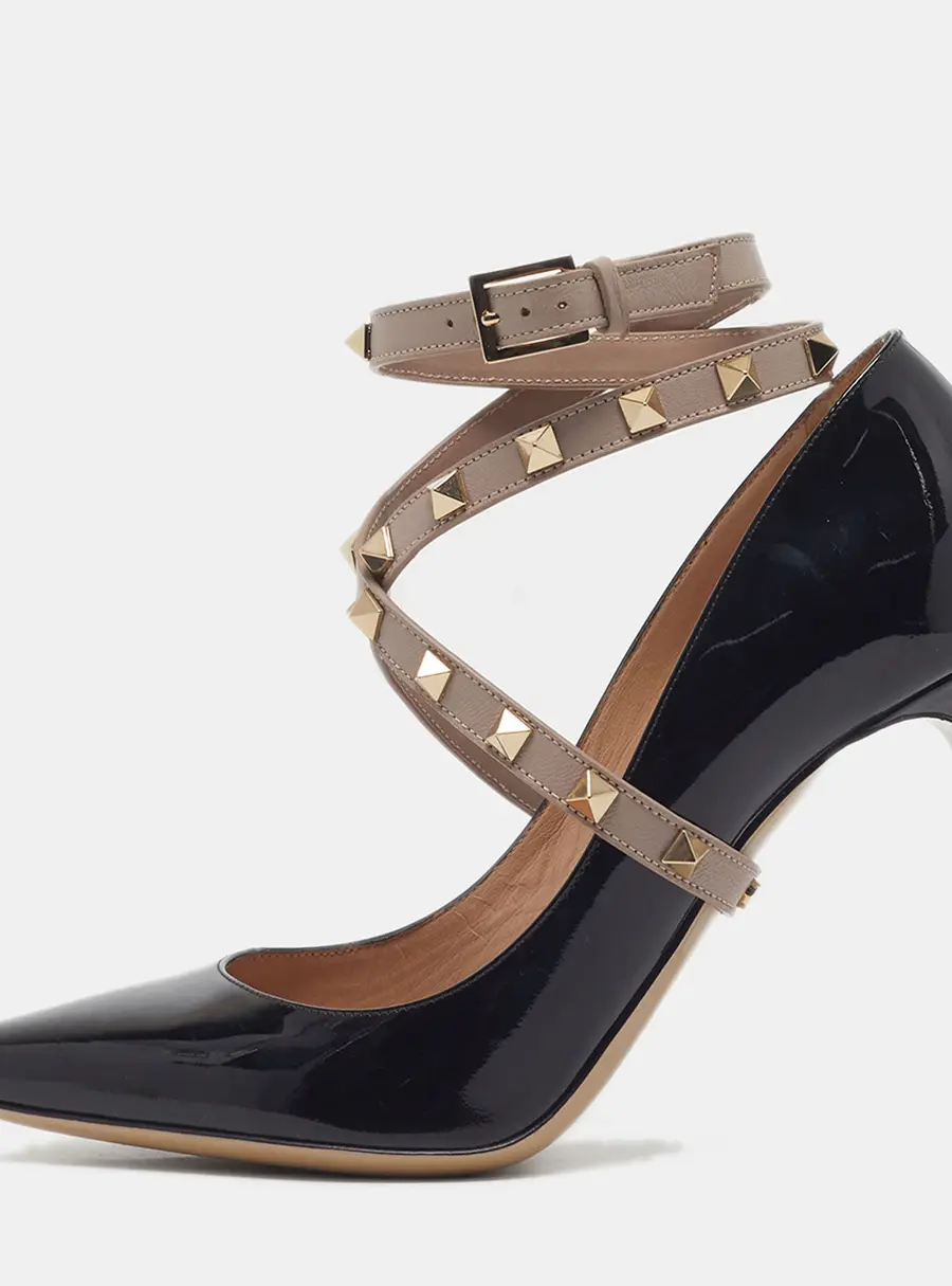 Valentino Rockstud Size 38.5 Black/Pink Leather and Patent Ankle Wrap Pumps