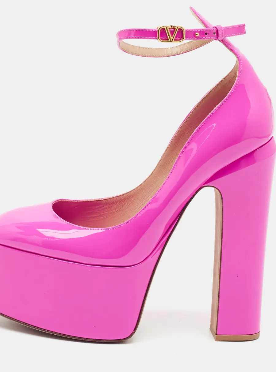 Valentino Tan-Go Size 37.5 Pink Patent Leather Block Heel Pumps