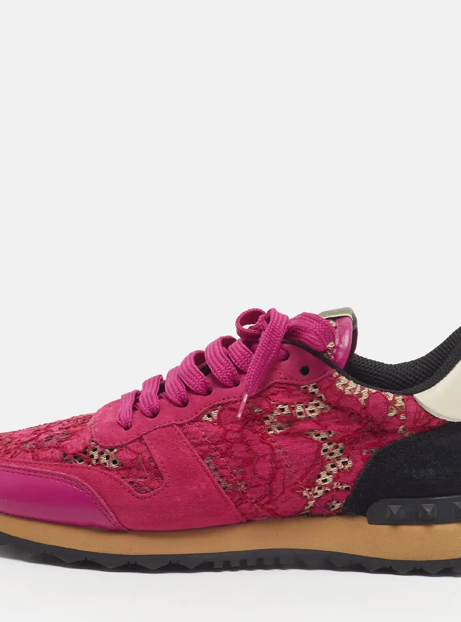 Valentino Lace Runner Size 39 Pink/Black Lace and Suede Low Top Sneakers