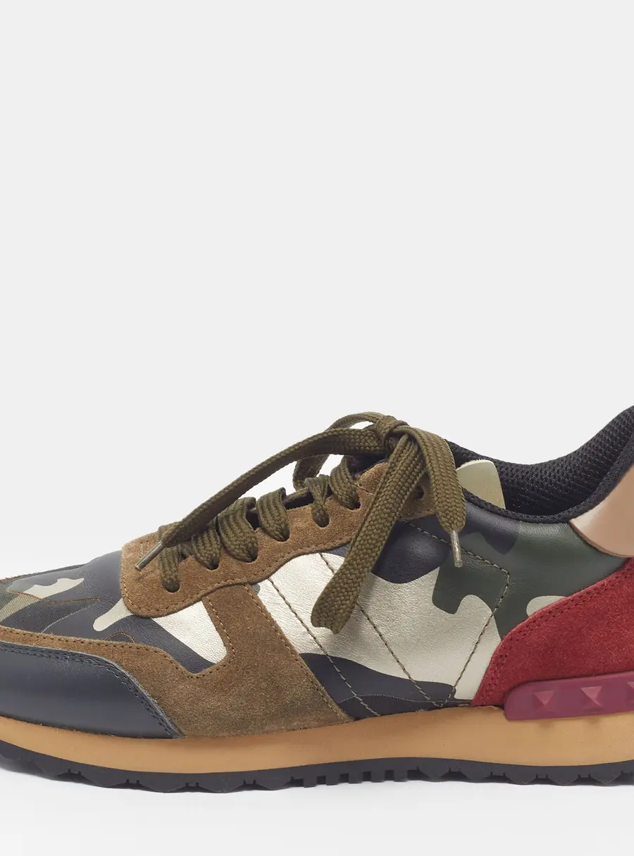 Valentino Rockrunner Size 37.5 Multicolor Camouflage Canvas and Suede Low Top Sneakers