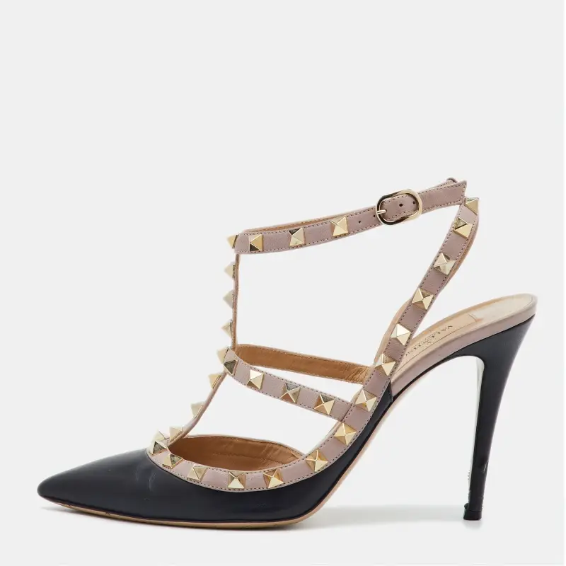 Valentino Rockstud Size 39 Black/Beige Leather Pointed Toe Ankle Strap Pumps