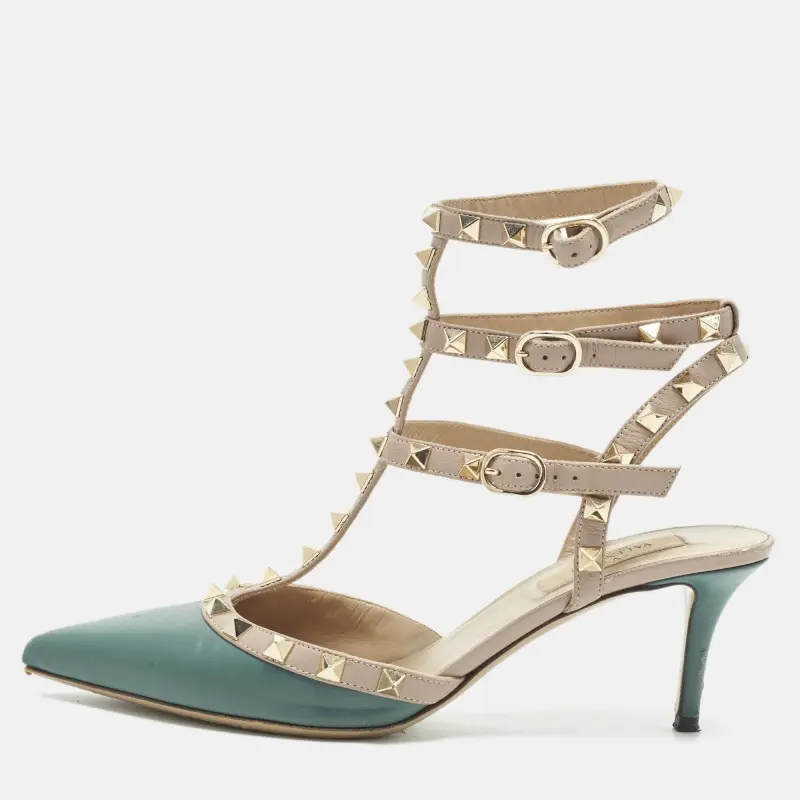 Valentino Rockstud Size 38.5 Beige/Green Leather Pumps