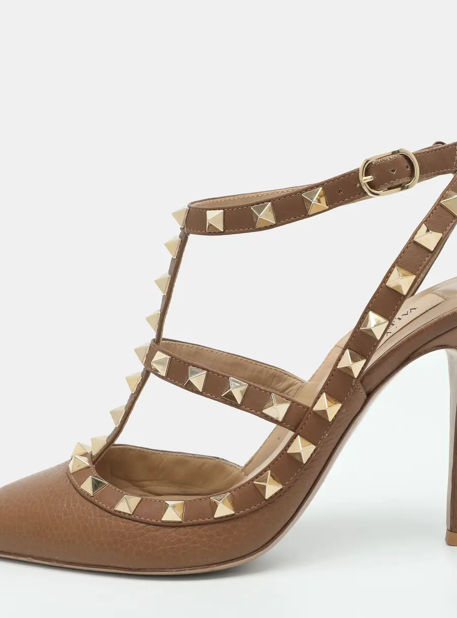 Valentino Rockstud Caged Size 37 Metallic Gold Leather Ankle Strap Pumps