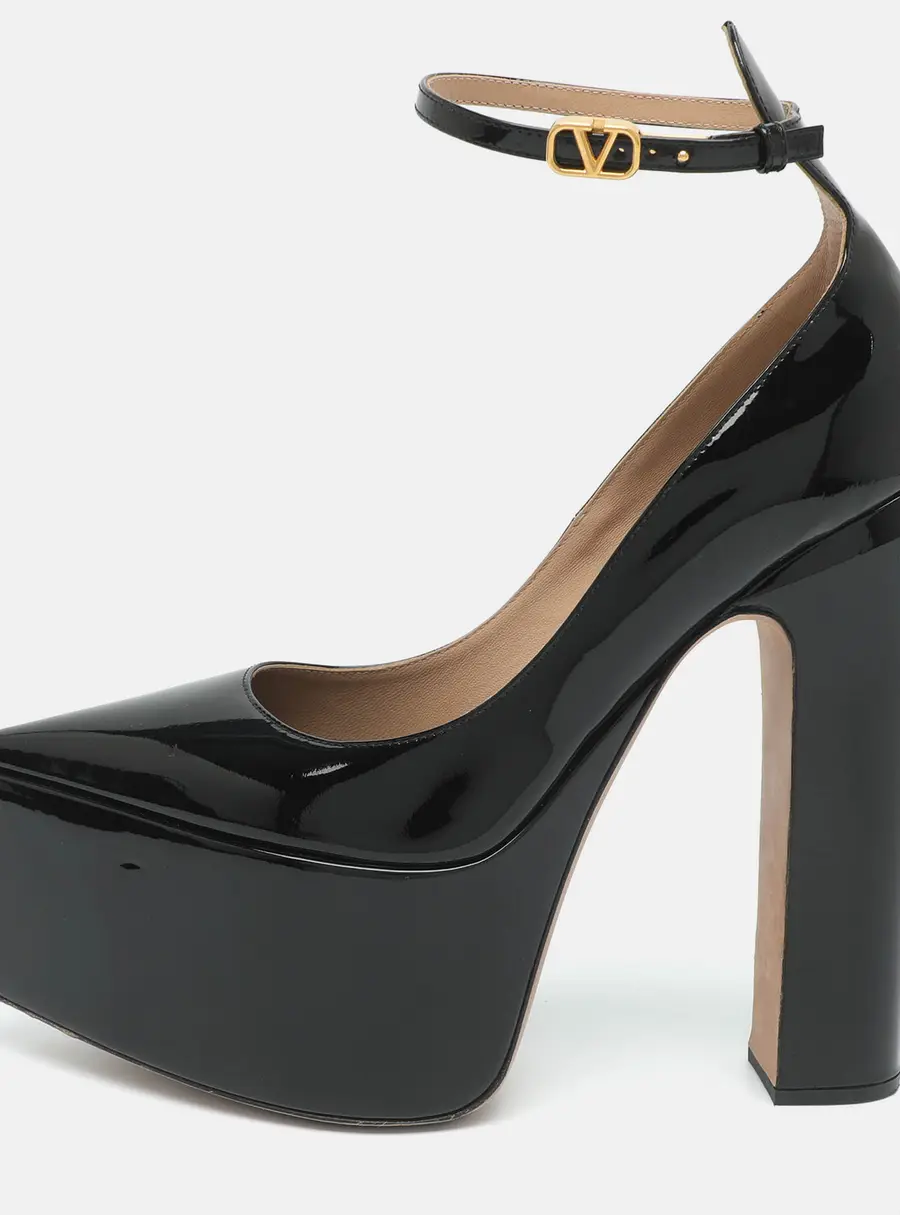 Valentino Tan-Go Size 37 Black Patent Leather Platform Pumps