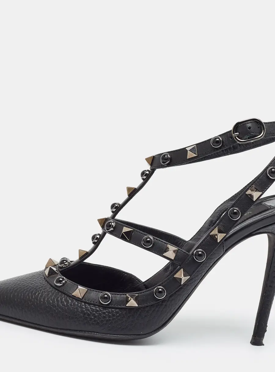 Valentino Rockstud Size 37.5 Black Leather Ankle Strap Pumps