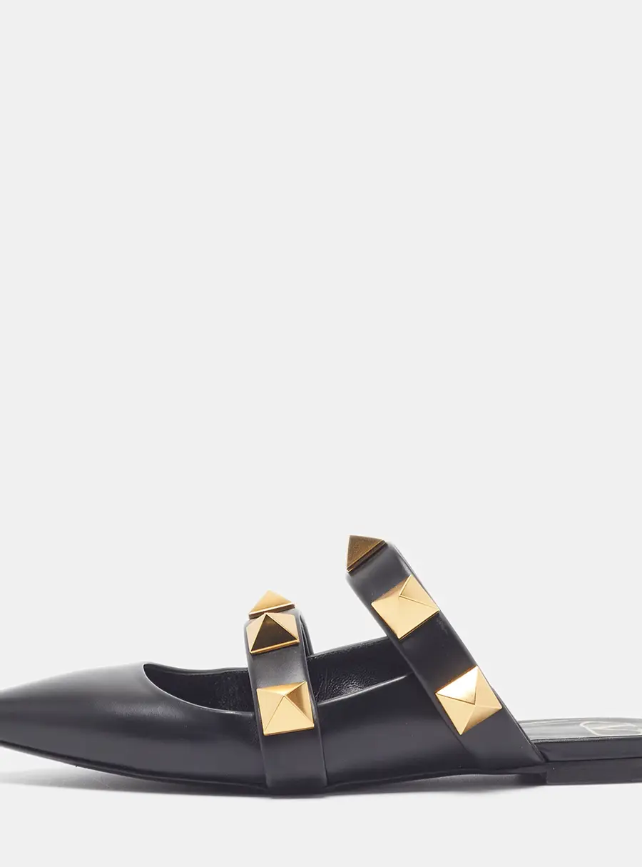 Valentino Roman Stud Size 39 Black Leather Flat Mules