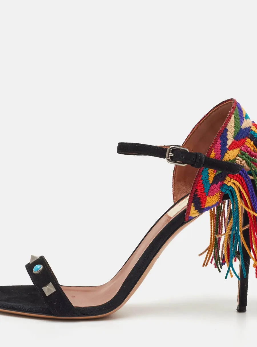 Valentino Rolling Rockstud Size 38.5 Black Suede Fringe Ankle Strap Sandals