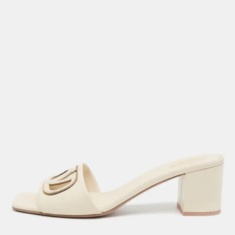 Valentino VLogo Size 38.5 Cream Leather Slide Sandals