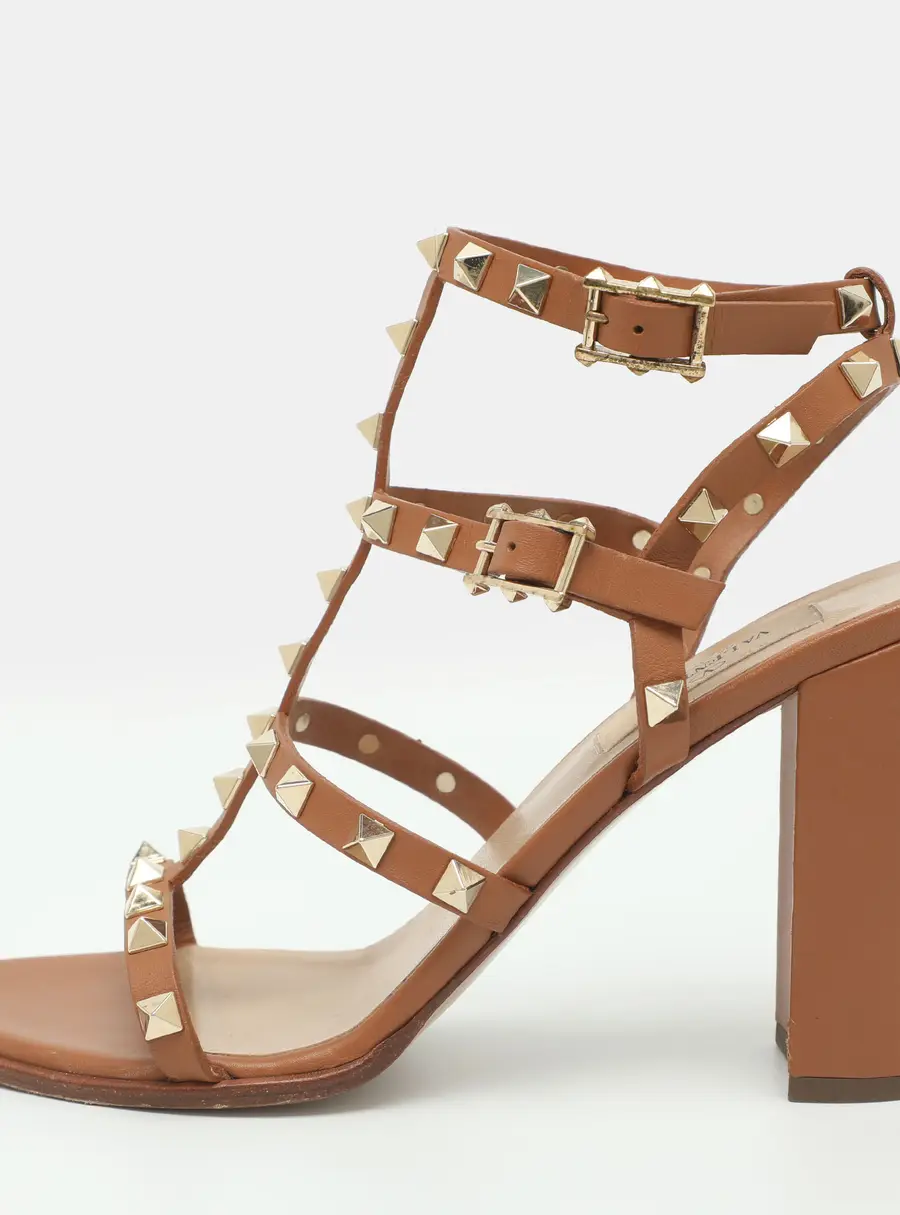 Valentino Rockstud Caged Size 38.5 Brown Leather Ankle Strap Sandals