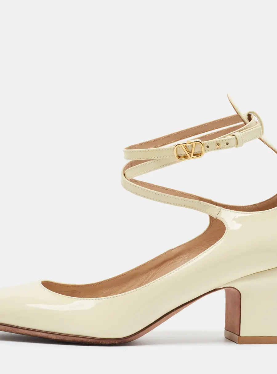 Valentino Tango Size 38 Cream Patent Leather Block Heel Pumps
