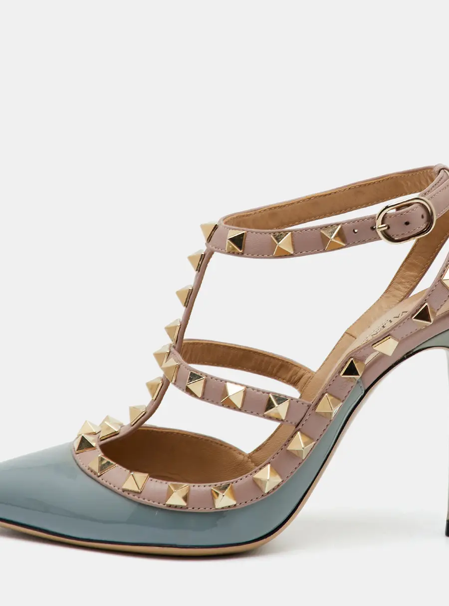 Valentino Rockstud Size 35.5 Pale Blue/Beige Leather and Patent Leather Ankle Strap Pumps