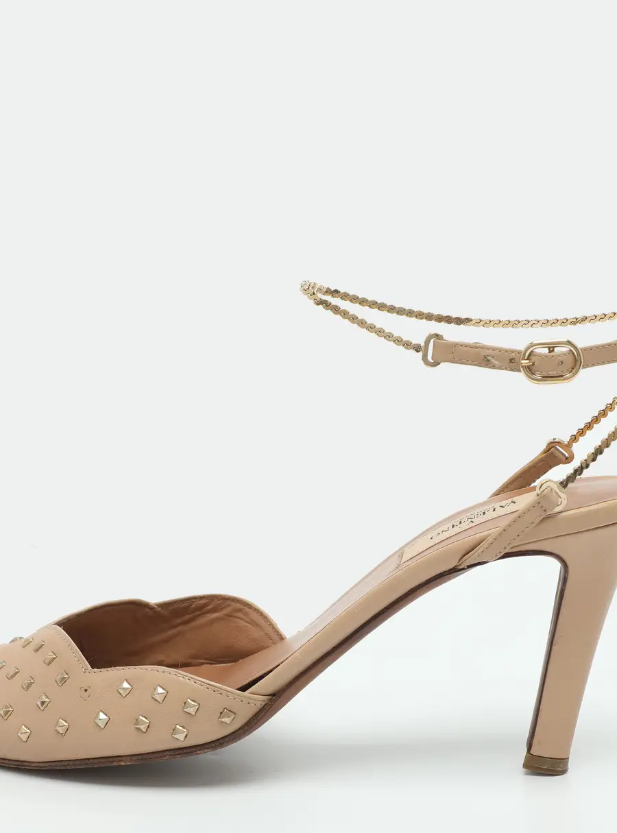 Valentino Size 38.5 Beige Leather Studded Chain Ankle Strap Pumps