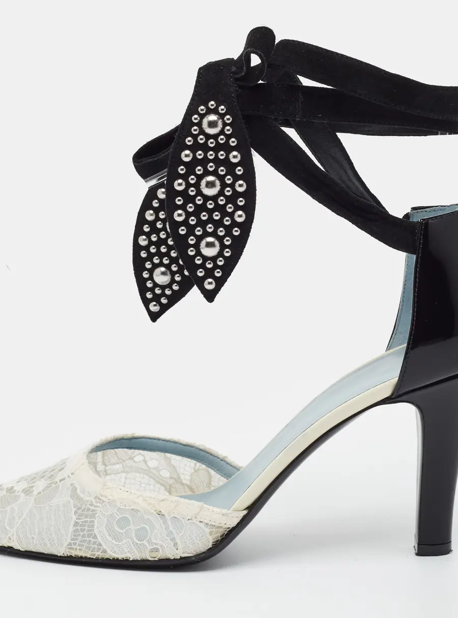 Valentino Foliefoliage Size 40 White/Black Lace, Patent Leather and Suede Ankle Tie Pumps