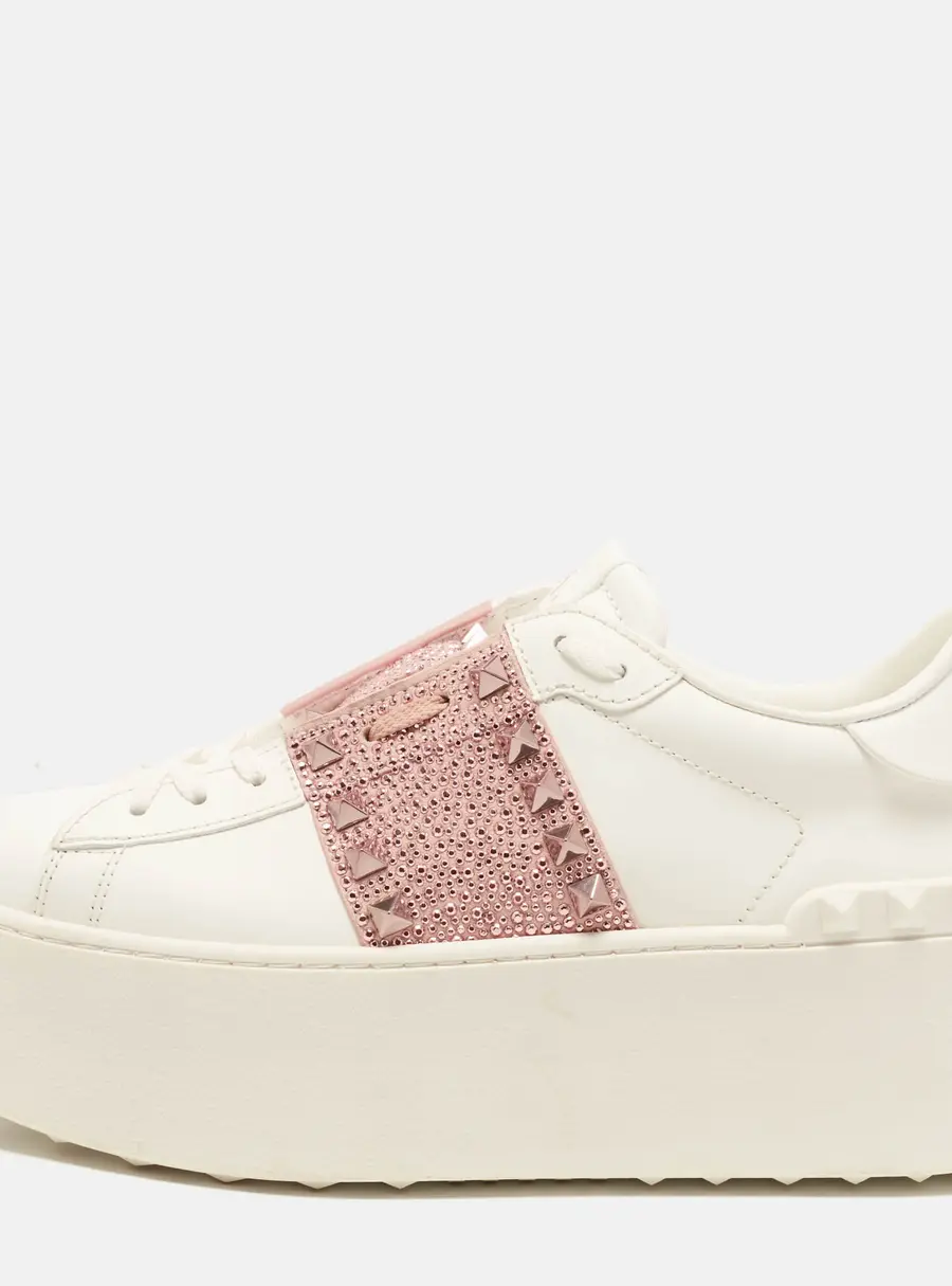 Valentino Rockstud Size 38 White/Pink Leather Embellished Wedge Sneakers