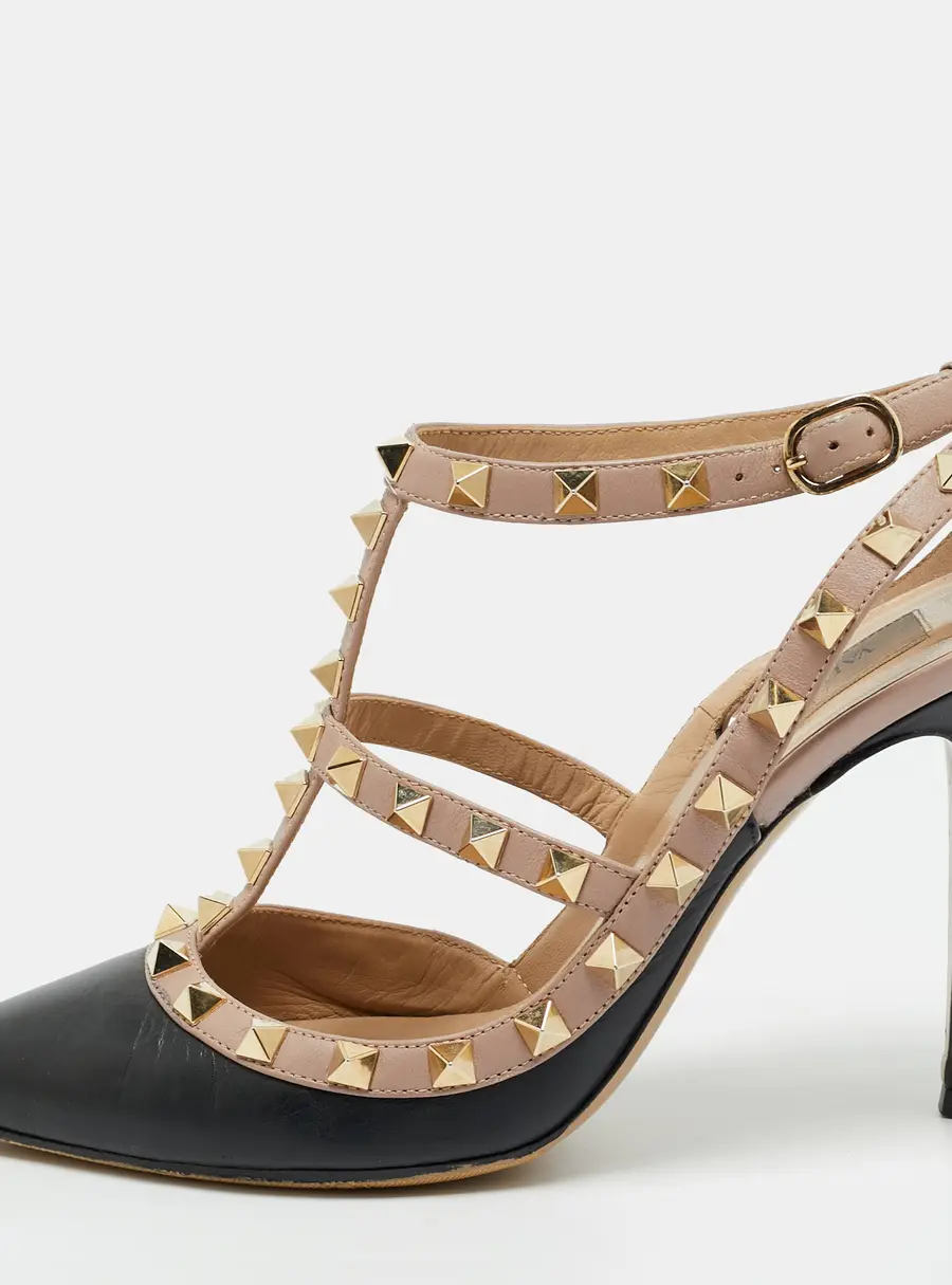 Valentino Rockstud Size 37.5 Black/Pink Leather Pointed Toe Ankle Strap Pumps