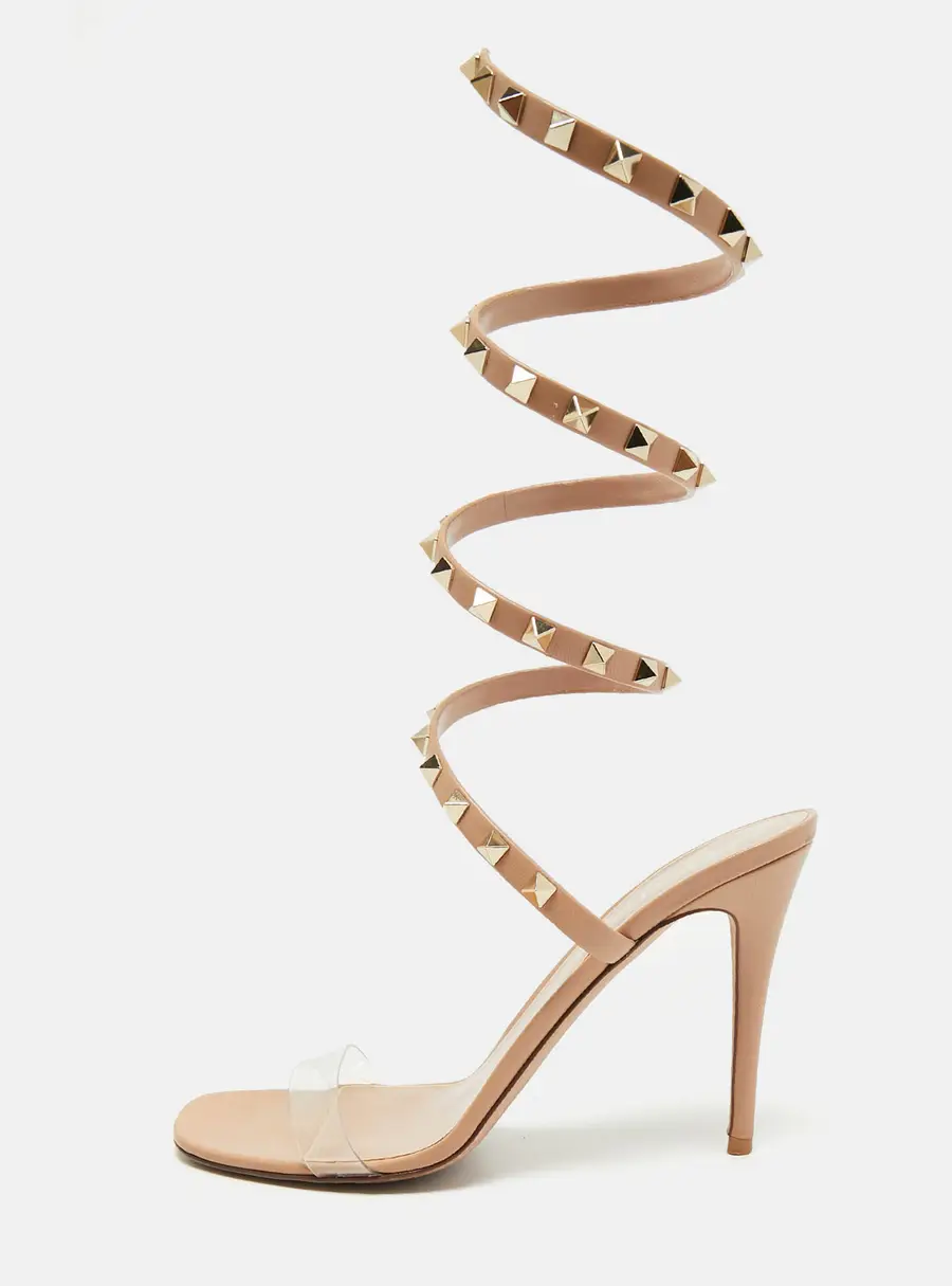 Valentino Rockstud Size 39 Beige Leather and PVC Ankle Wrap Sandals