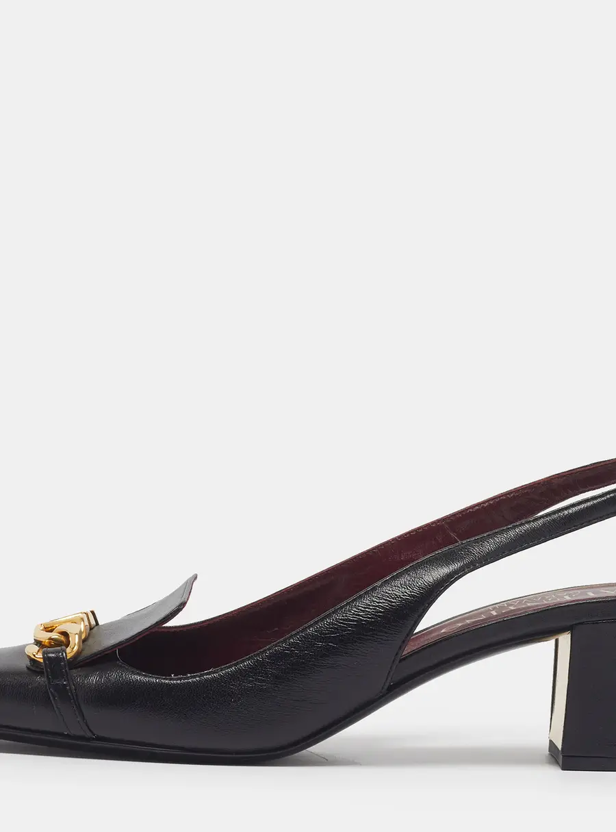 Valentino VLogo Chain Size 37.5 Black Leather Slingback  Block Heel Pumps