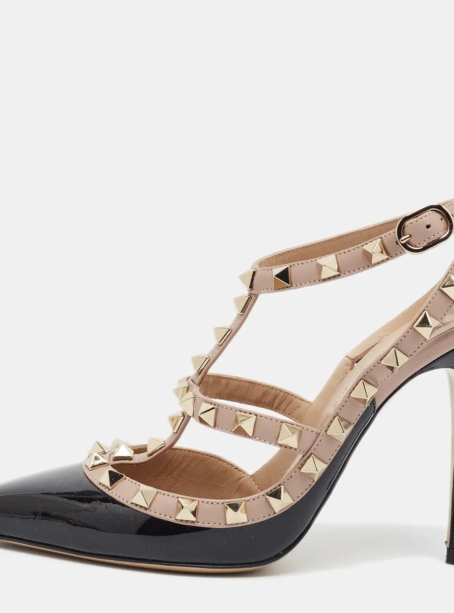 Valentino Rockstud Size 36 Black/Beige Leather and Patent Leather Pumps