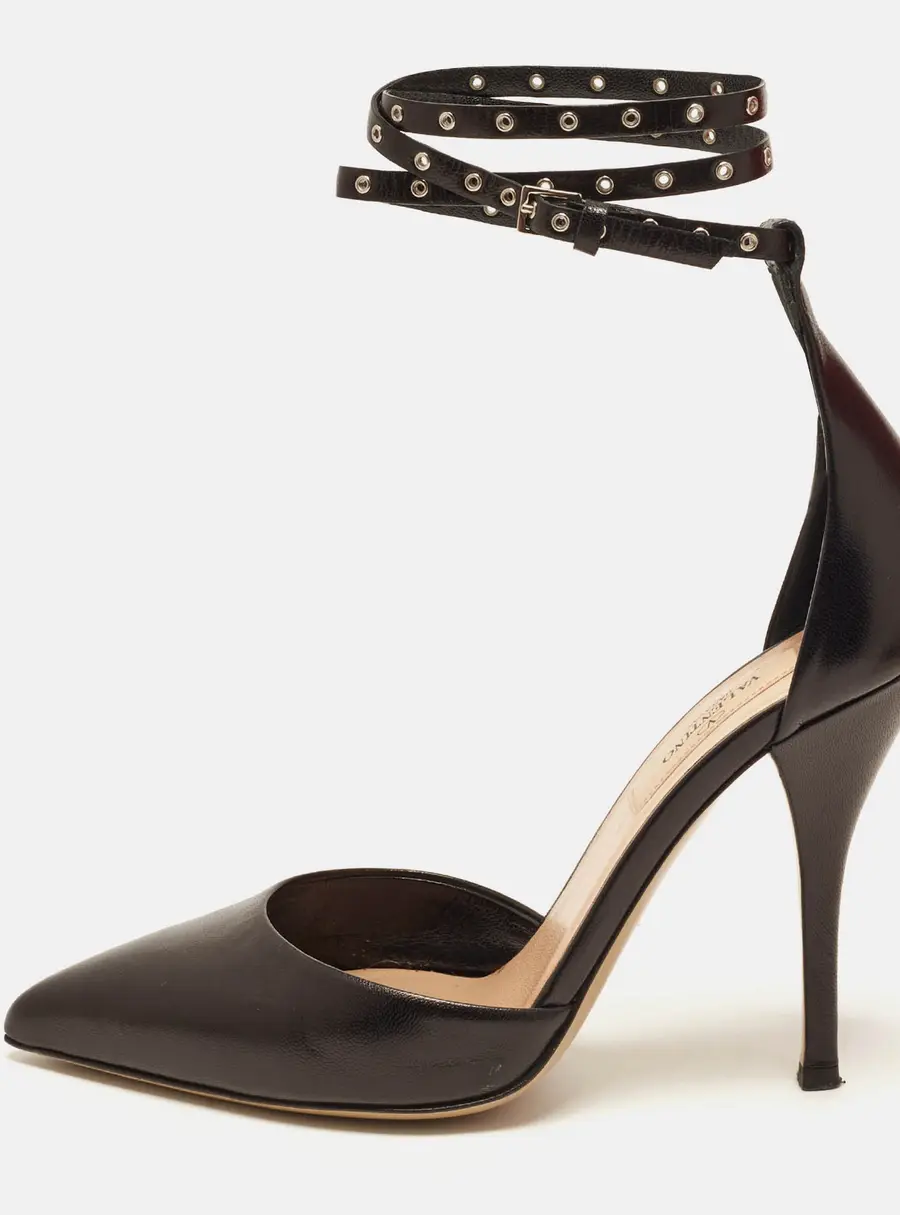 Valentino Rockstud Size 37 Black Leather Ankle Strap Pumps