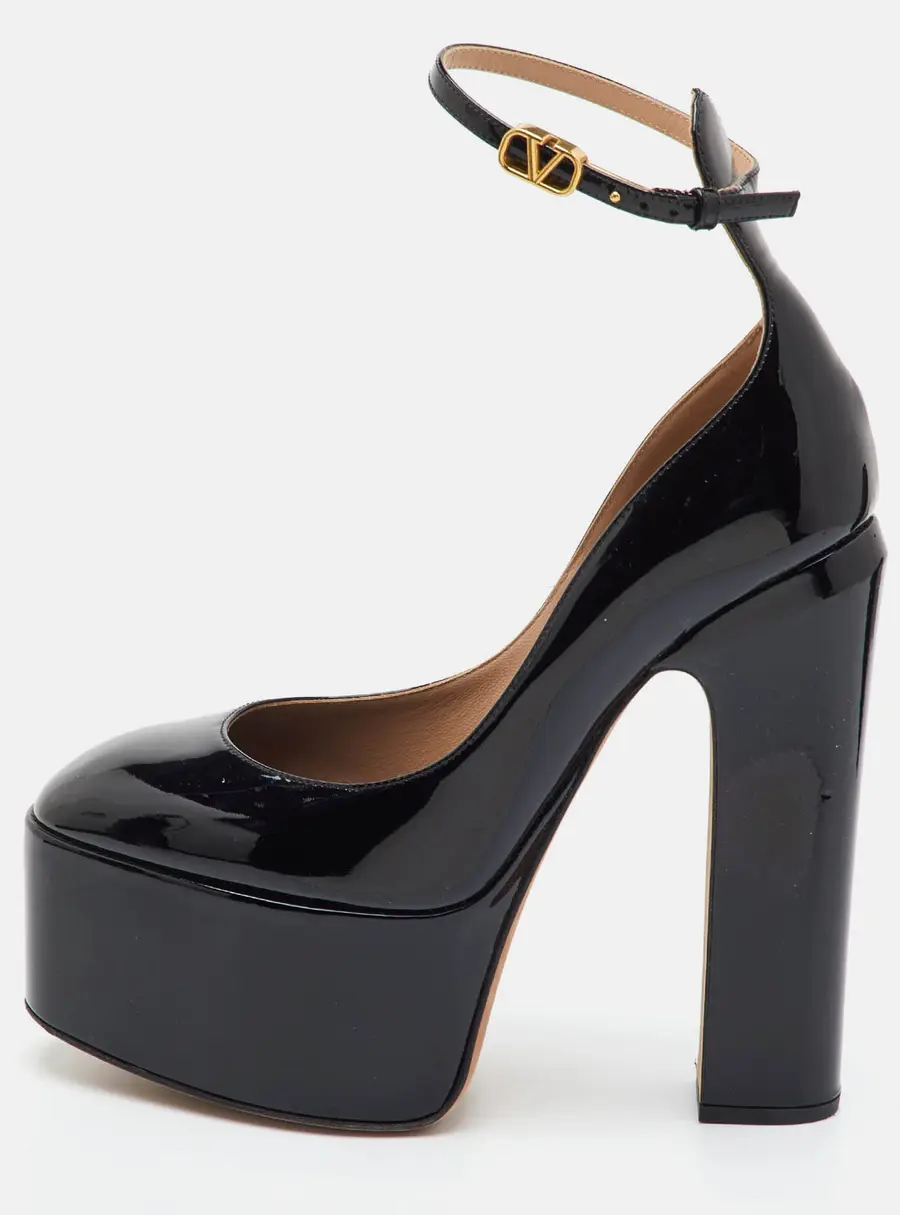 Valentino Tan-Go Size 37 Black Patent Leather Platform Block Heel Pumps