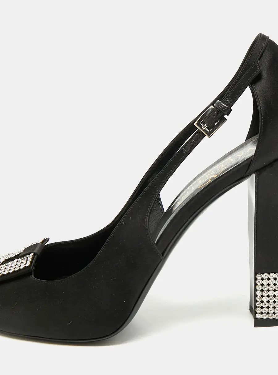 Valentino Size 40.5 Black Satin Crystal Embellished Block Heel Pumps
