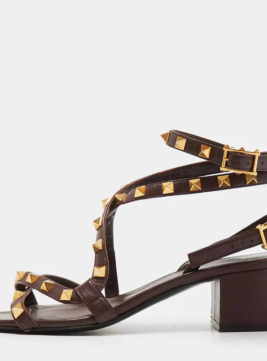 Valentino Rockstud Size 37 Burgundy Leather Block Heel Ankle Strap Sandals