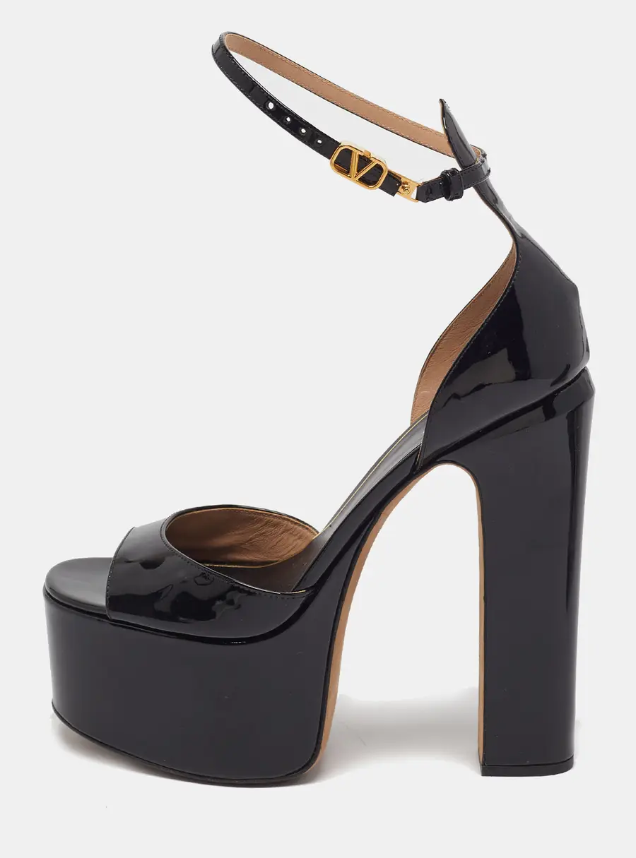 Valentino Tango Size 38 Black Patent Leather Platform Ankle Strap Sandals
