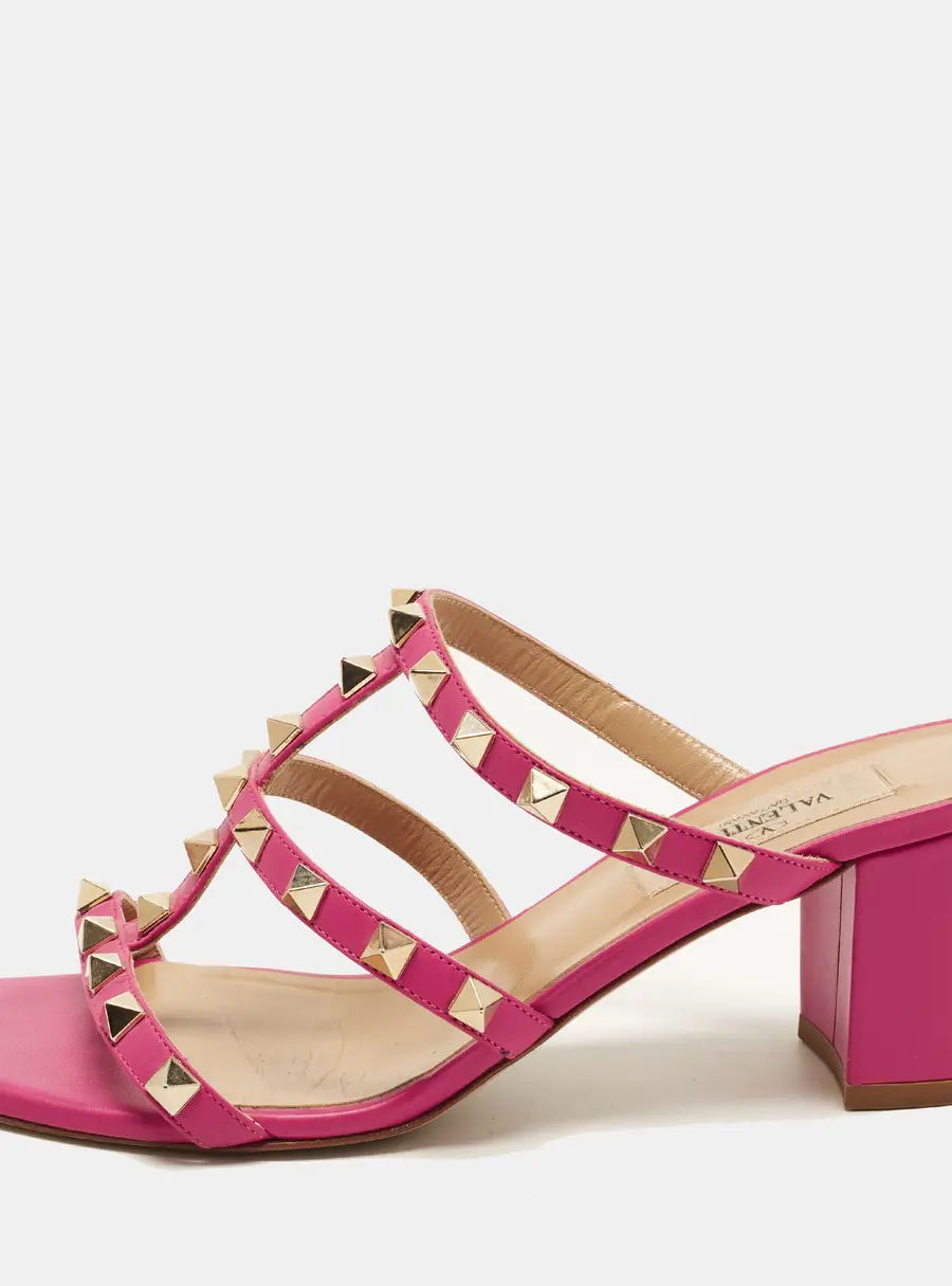 Valentino Rockstud Size 37 Pink Leather Block Heel Ankle Strap Slide Sandals